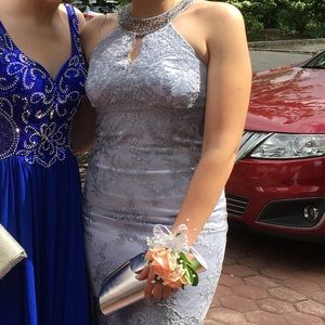 Lilac with grey lace prom dress